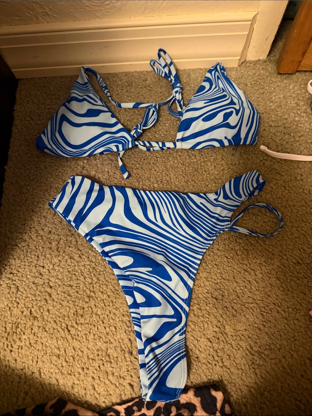 Blue Wave Print Triangle Bikini Set - Women Swim